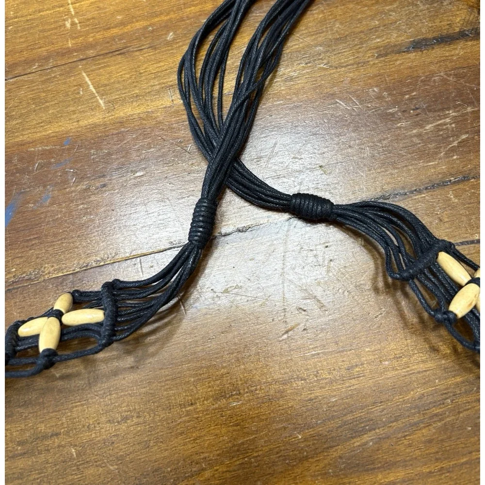 Y2K Vtg Macrame Wooded Beaded Fashion Belt Tie Tassel Fringe Black Dark Boho